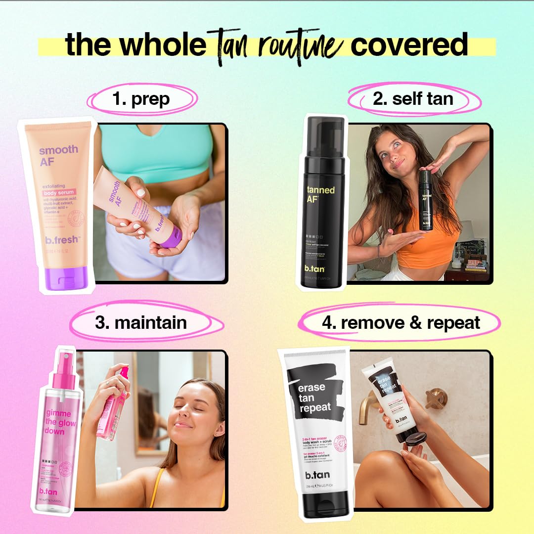 B.TAN bottle label and ingredients emphasizing vegan, paraben-free formula
