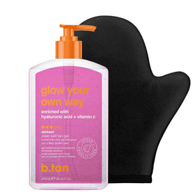 B.TAN front packaging showing clear self tan gel and applicator, easy identification benefit