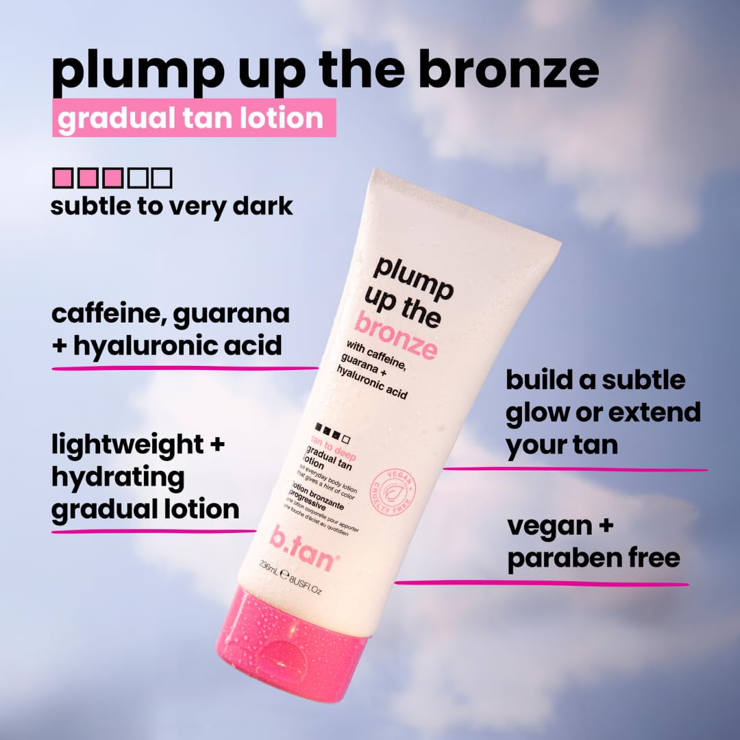 B.TAN lotion texture close-up showing smooth, blendable formula