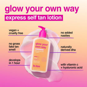 B.TAN lotion texture close-up showing creamy hydration and smooth blend