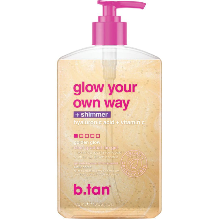 B.TAN front bottle showing clear gradual self tan gel and shimmer benefit