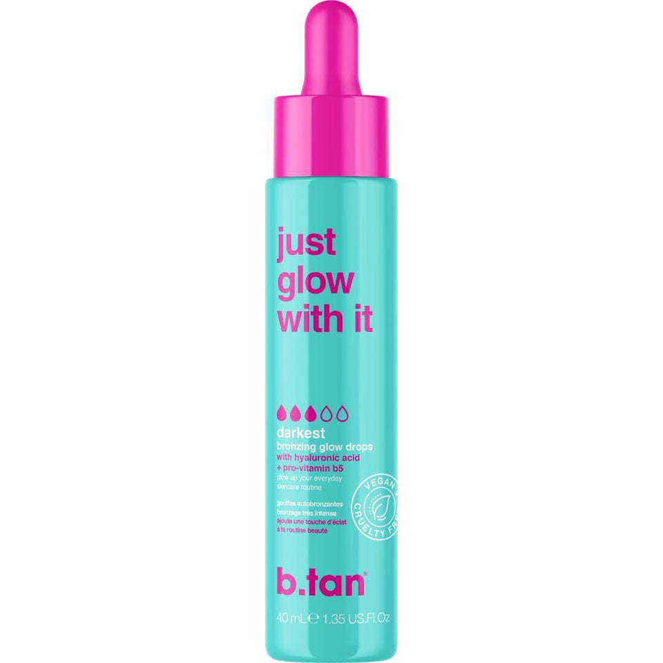 b.tan bottle front packaging showing sleek label and size, clear branding and benefit