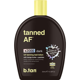 B.TAN front bottle shot showing darkest tanning lotion benefit