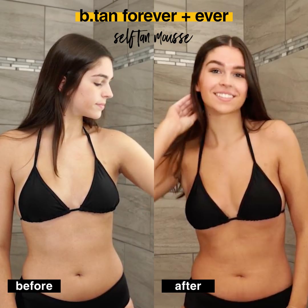 B.TAN legs before and after comparison, showcasing deep even bronze result