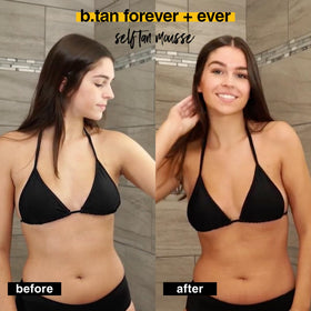 B.TAN legs before and after comparison, showcasing deep even bronze result