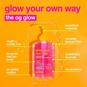 B.TAN mitt with gel being spread on skin, shows even blending and mess-free use
