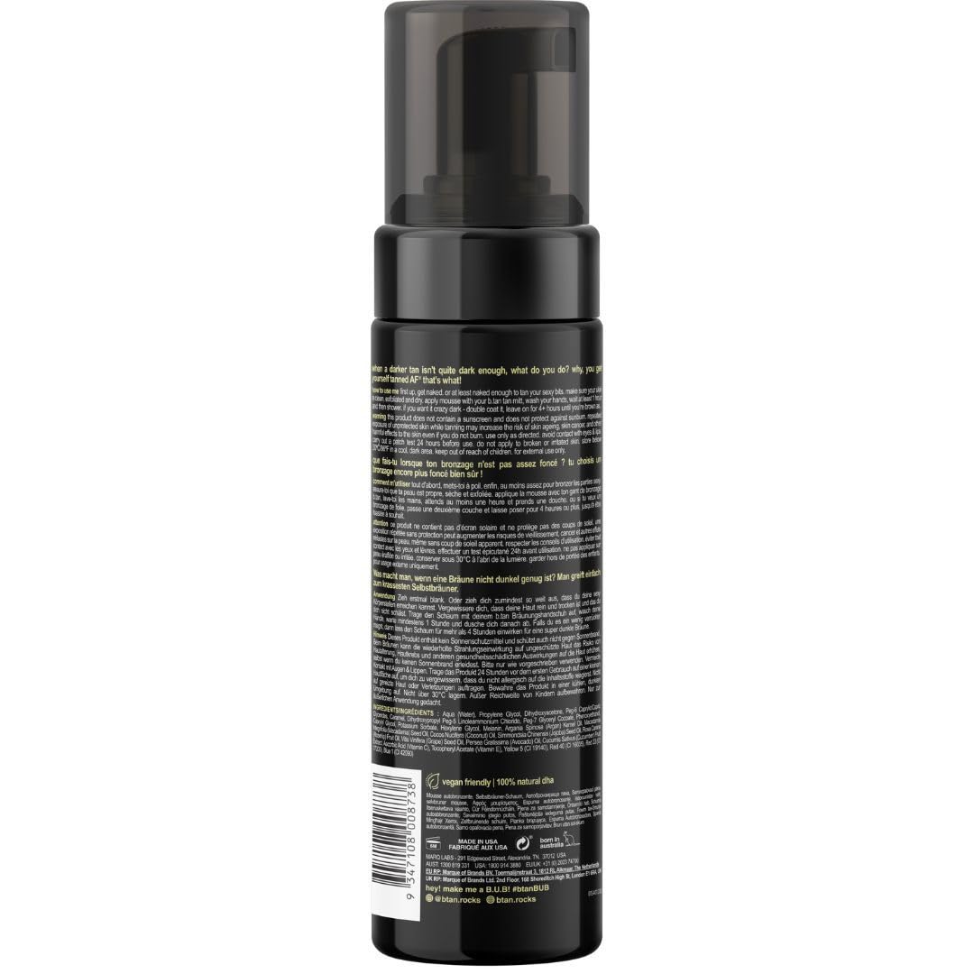 B.TAN mousse texture close-up demonstrating lightweight foam for even coverage