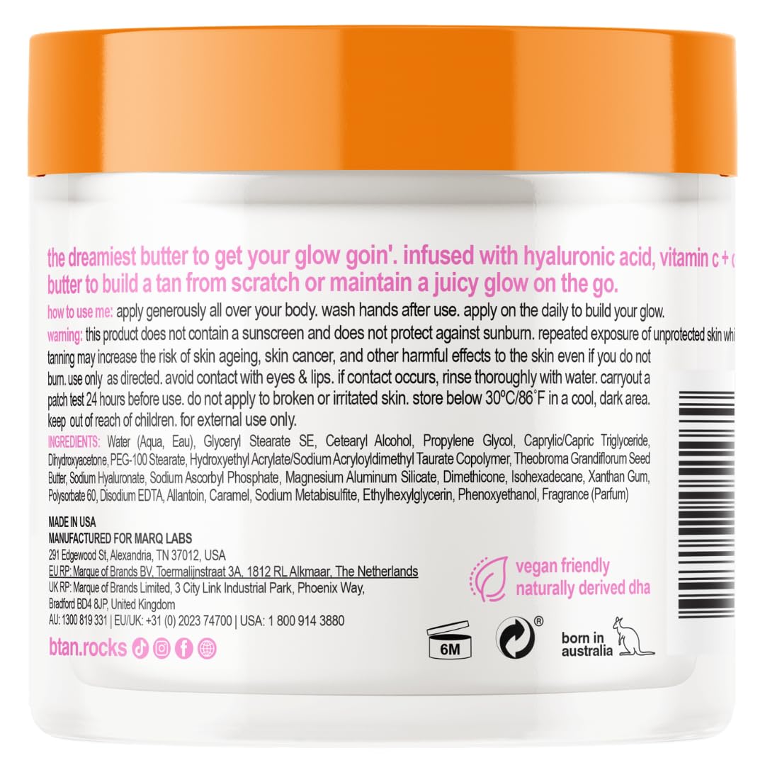 B.TAN close-up texture of body butter, highlights creamy hydration