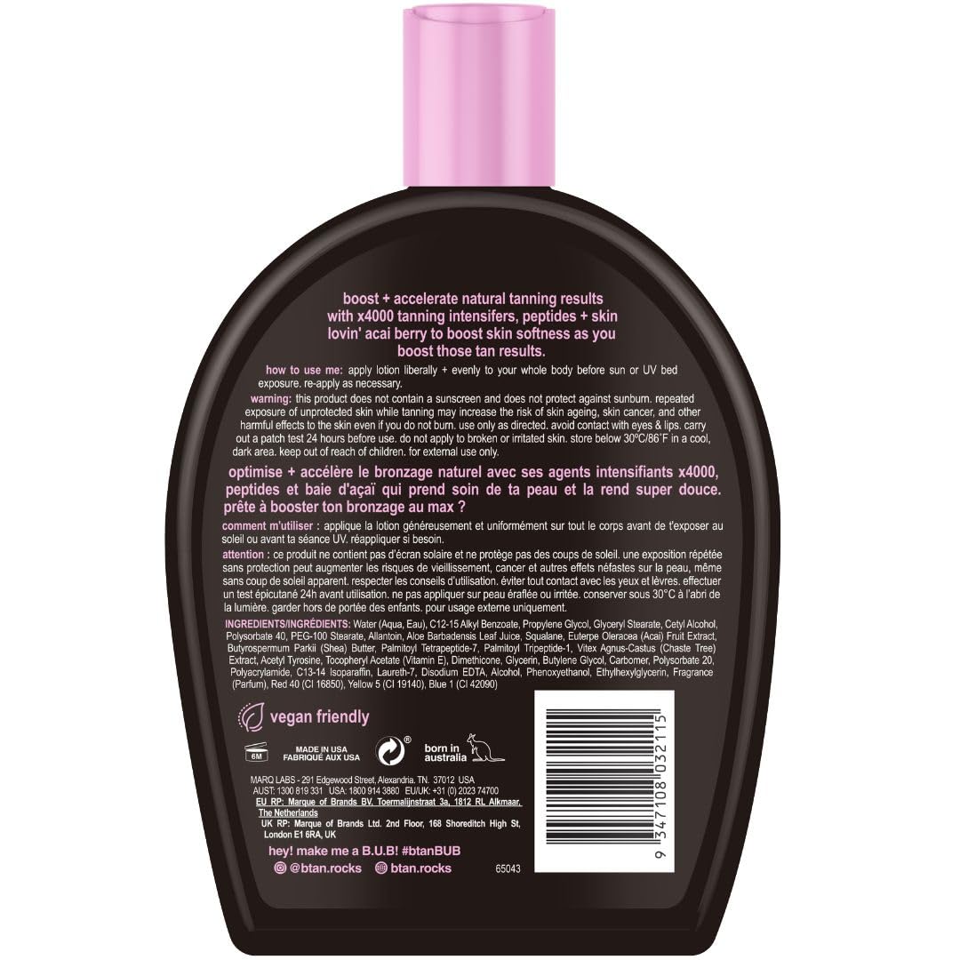 B.TAN back label close-up listing ingredients and usage directions for clarity
