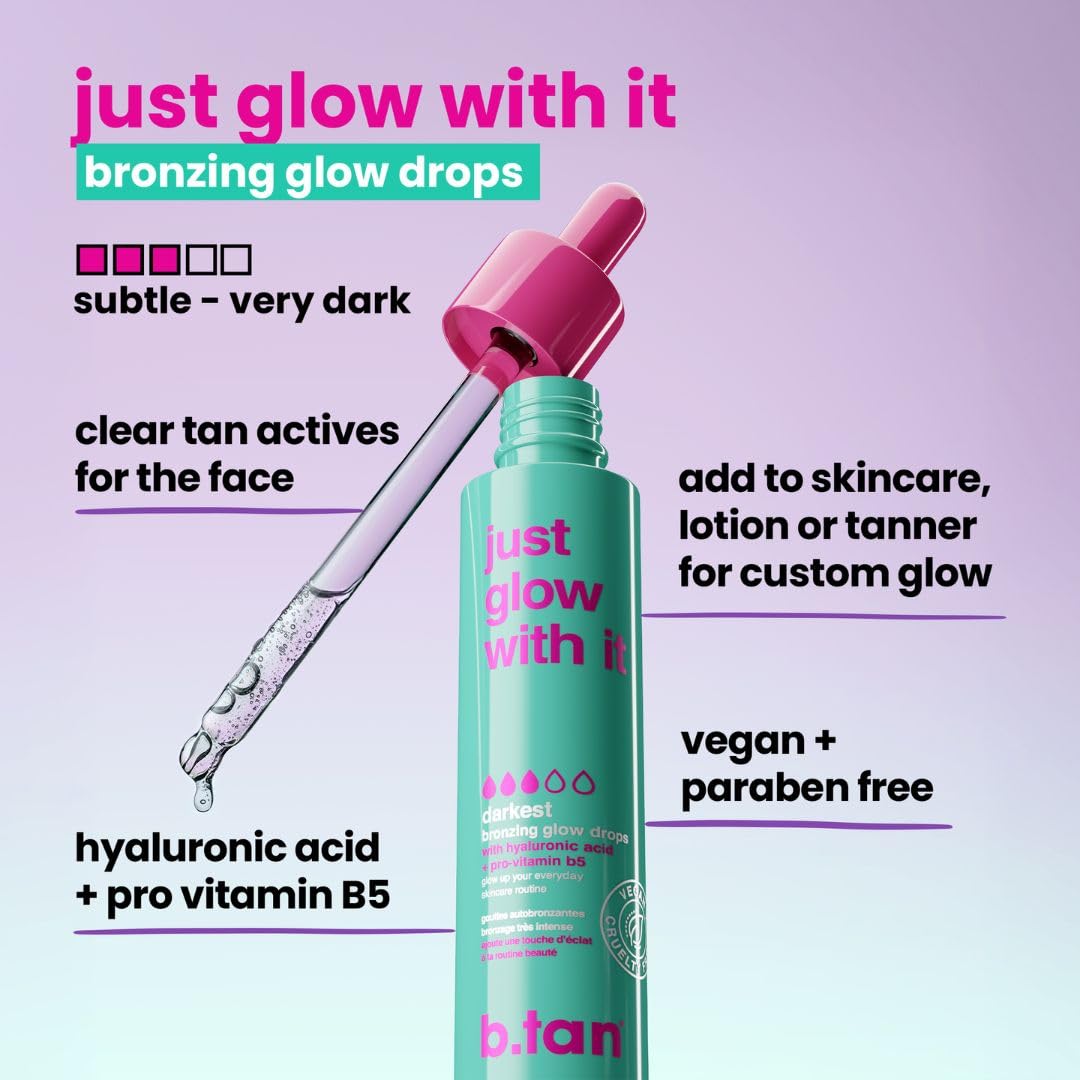 b.tan bronzing serum texture on fingertip highlighting smooth spreadable formula benefit