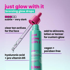 b.tan bronzing serum texture on fingertip highlighting smooth spreadable formula benefit