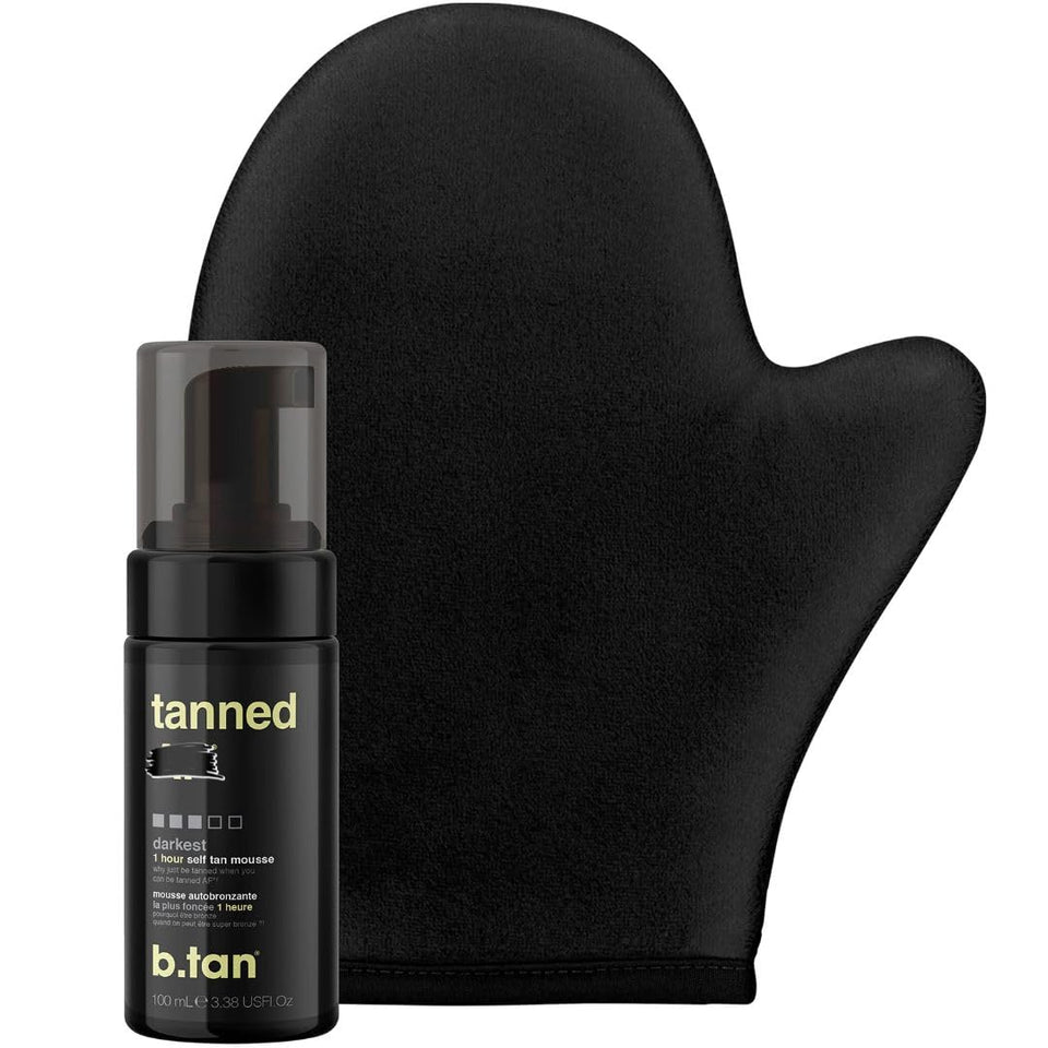 B.TAN front packaging showing travel-size dark self tanner, clear branding and benefit