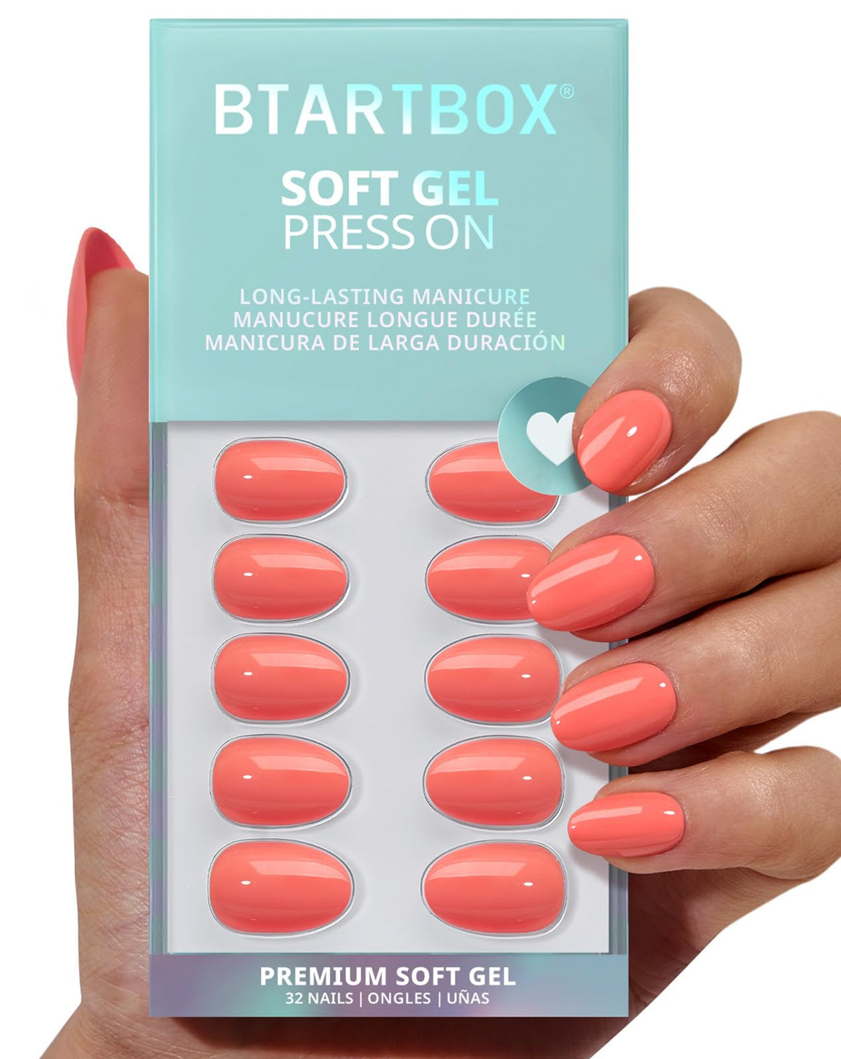 BTArtbox front packaging showing 32-piece neon orange almond press-on nails and benefits