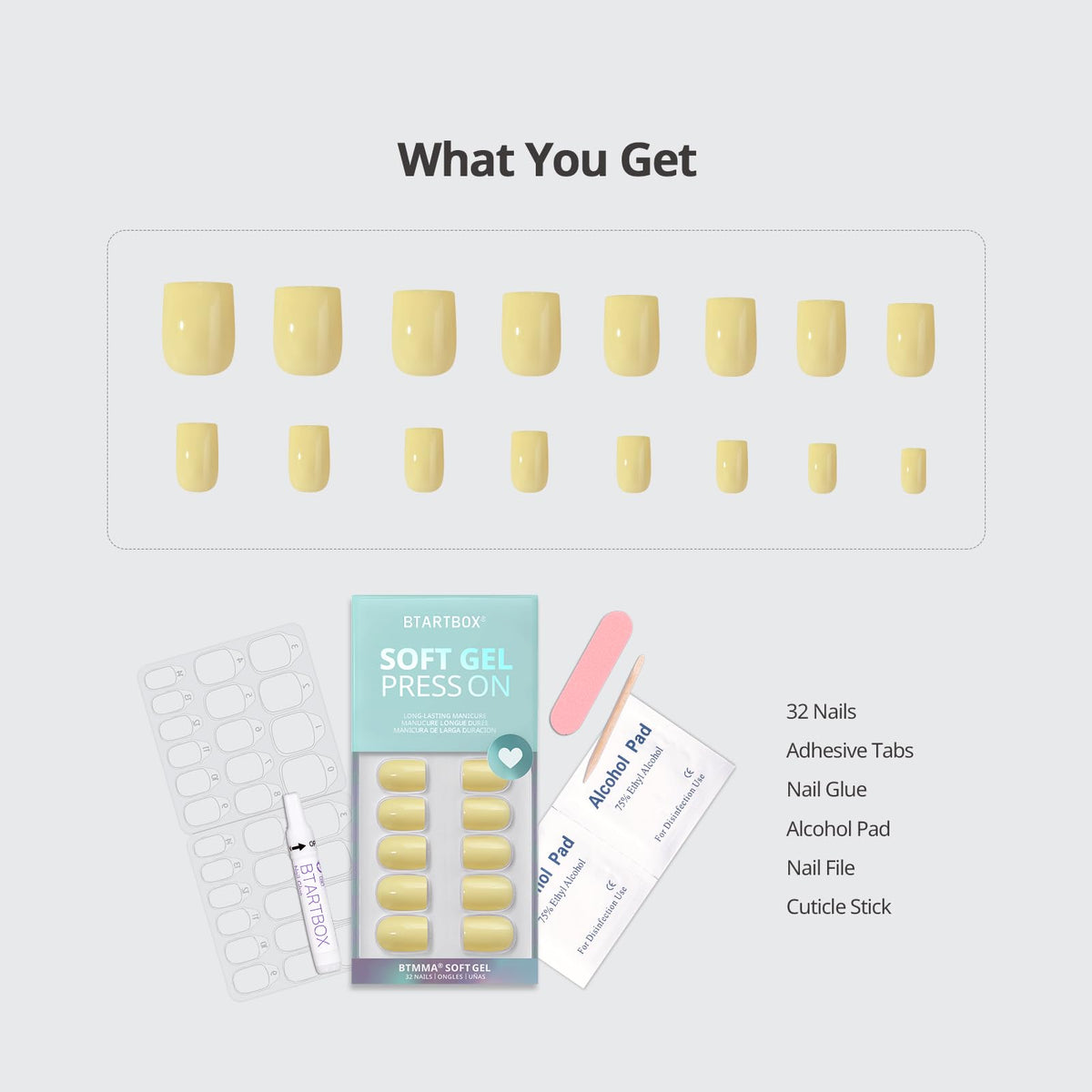 BTArtbox kit contents including glue, tabs, file, and alcohol pad, everything included