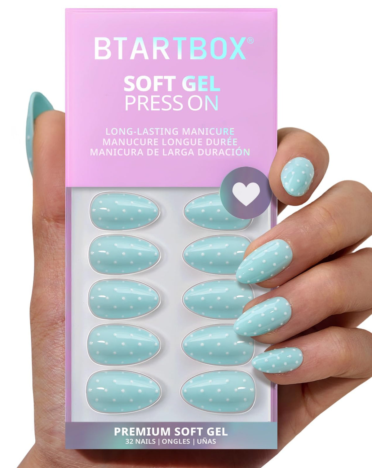 BTArtbox front view of dotted overalls press-on nails showing pastel blue finish and polish