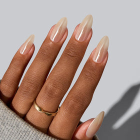BTArtbox nails fitted on hand in lifestyle shot showing natural almond shape and wearability