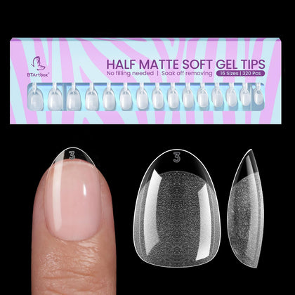 BTArtbox front packaging showing 320 extra short almond nail tips and clear product view