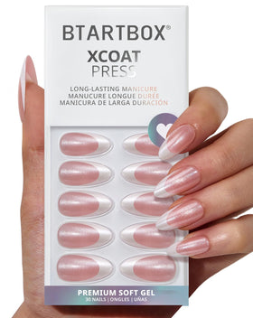 BTArtbox front packaging of French tip almond press on nails showing kit contents and benefits