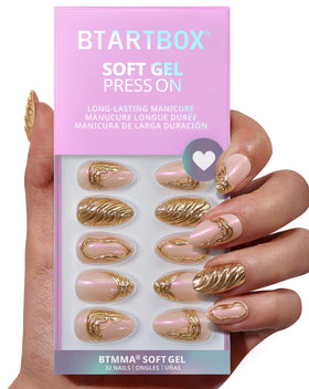 BTArtbox front packaging showing 3D gold almond nails and kit contents, conveys premium style