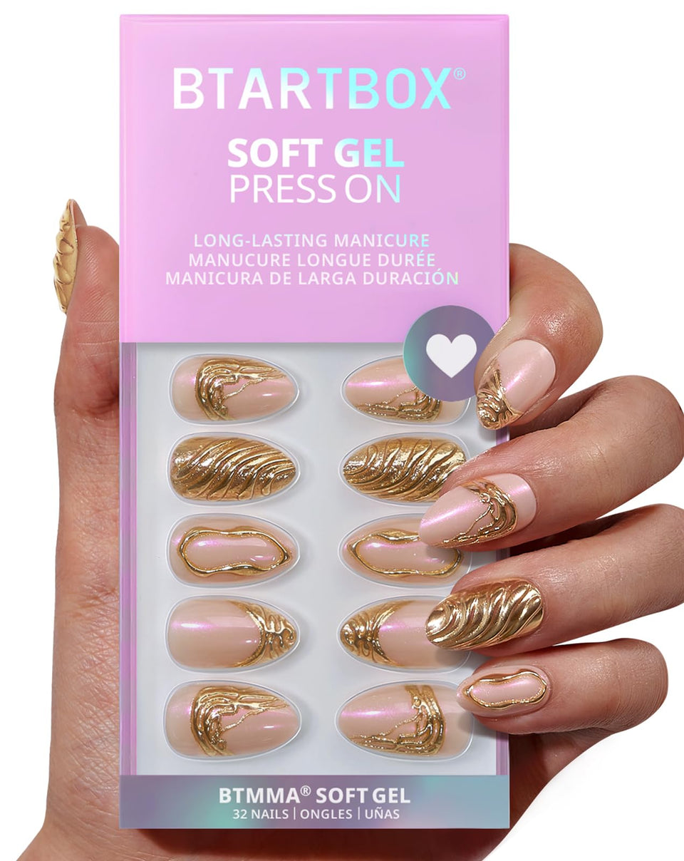 BTArtbox front packaging showing 3D gold almond nails and kit contents, conveys premium style