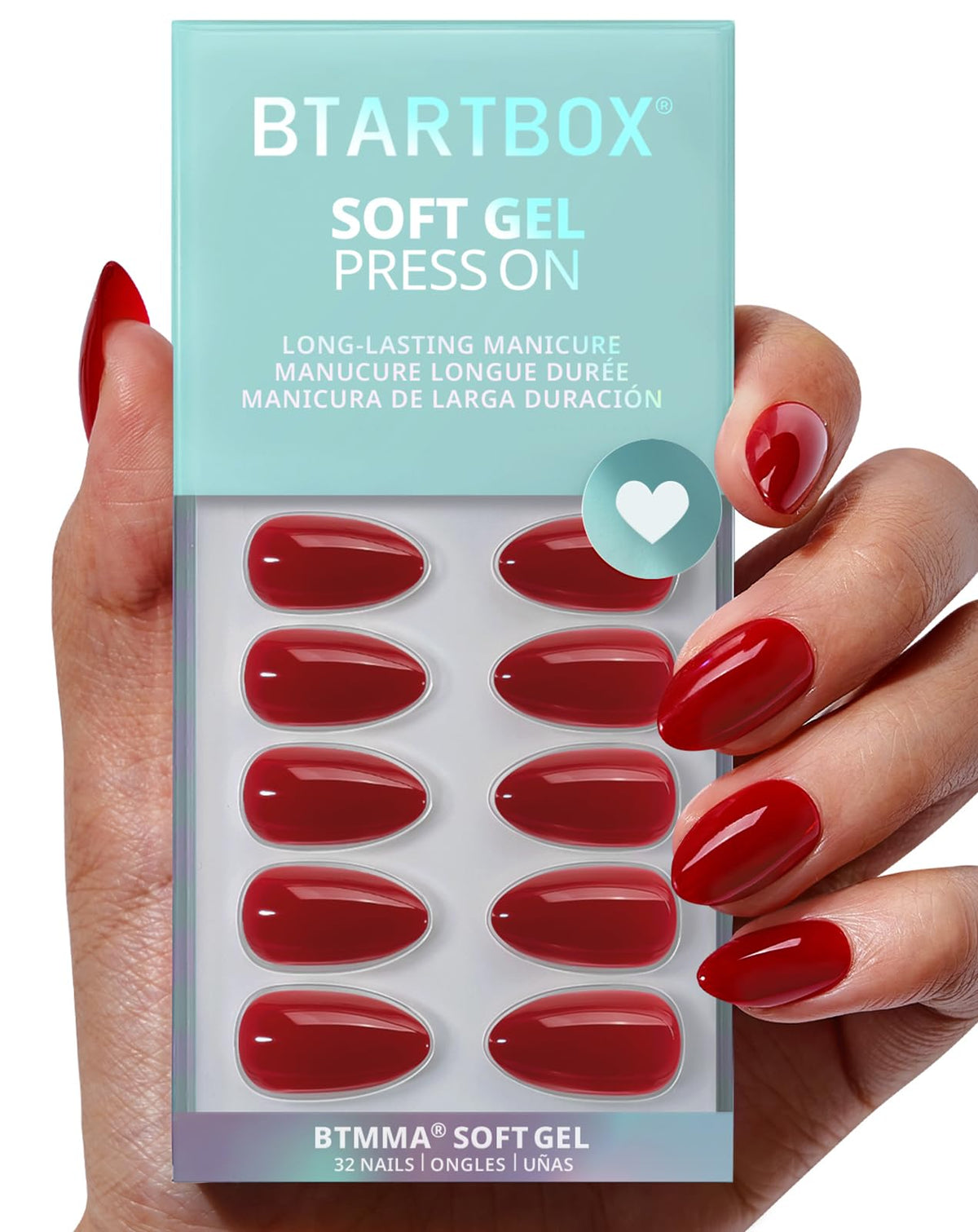 BTArtbox front packaging showing pastel-red almond nails and included tools