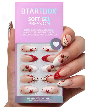BTArtbox front packaging showing 30-piece press-on kit and included tools for convenience