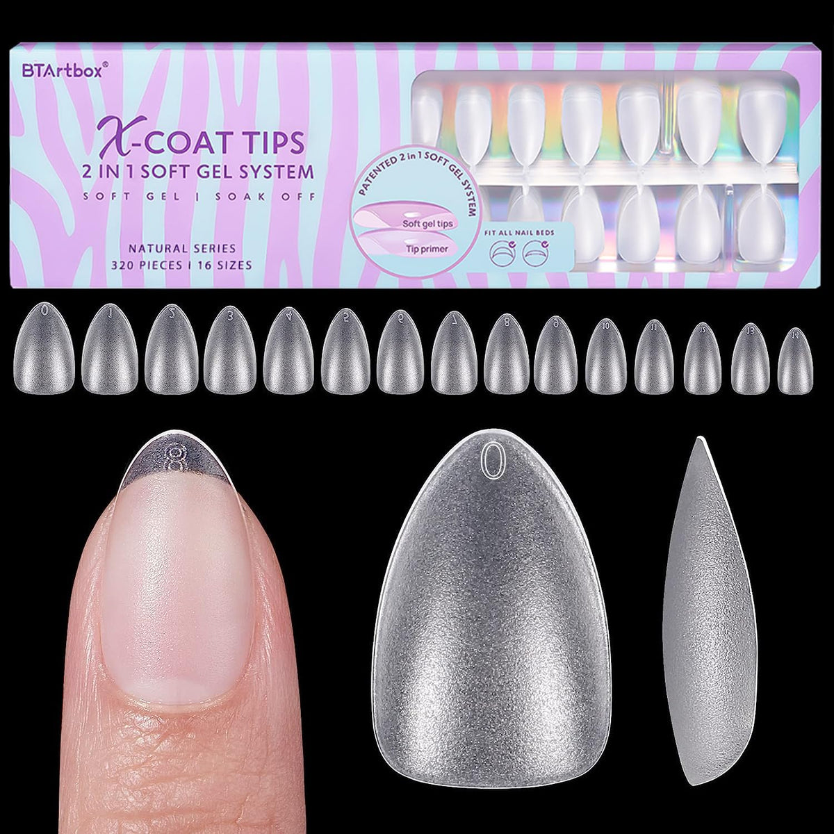 BTArtbox front packaging showing 320 short almond tips, clear organization benefit
