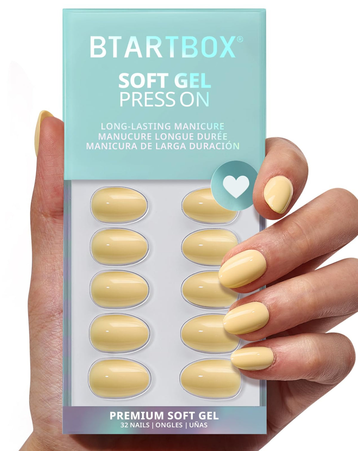 BTArtbox front packaging showing kit contents and pastel yellow nails for quick application