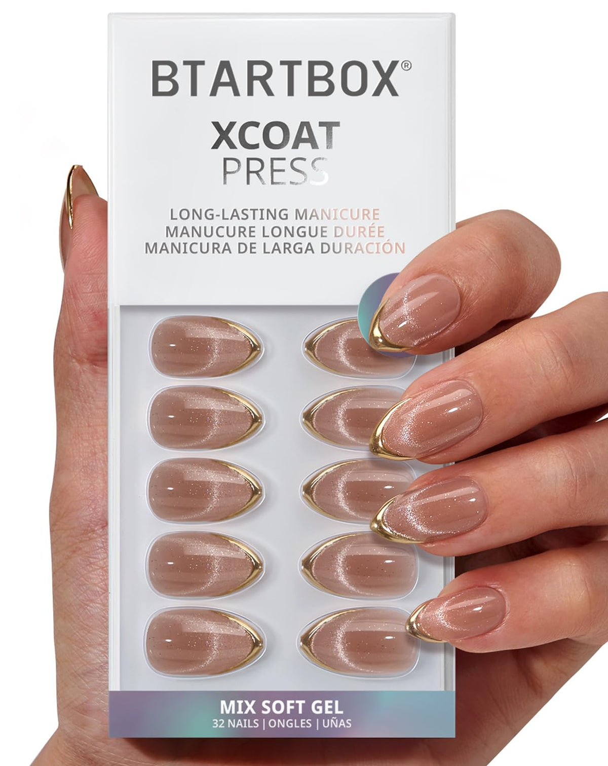 BTArtbox front packaging showing Gold Drops press-on kit and included accessories