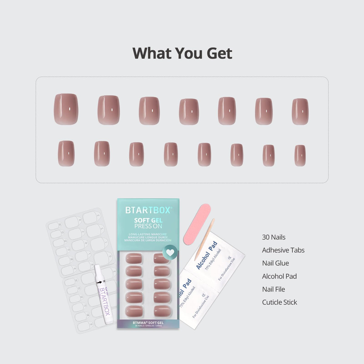 BTArtbox nail glue, adhesive tabs, file, stick and pads displayed for complete kit benefit