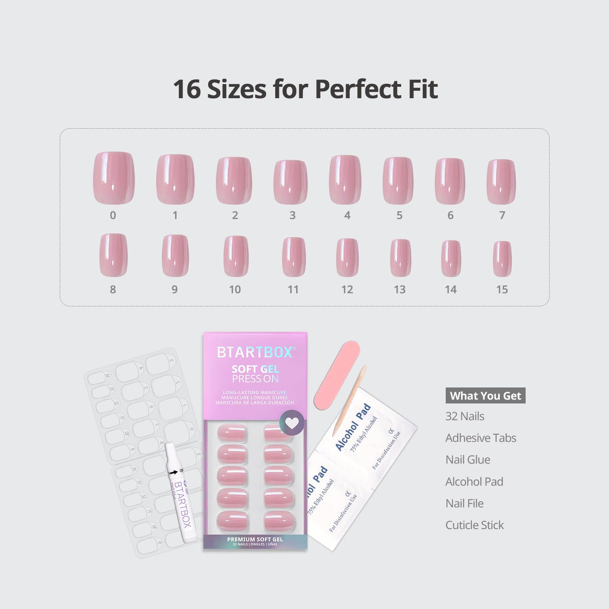 BTArtbox kit contents arranged with glue, tabs, file, cuticle stick for easy application