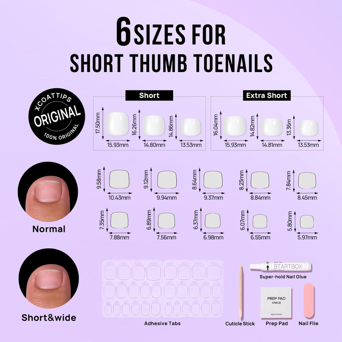 BTArtbox 16 nail sizes displayed to show fit options for many toe shapes benefit