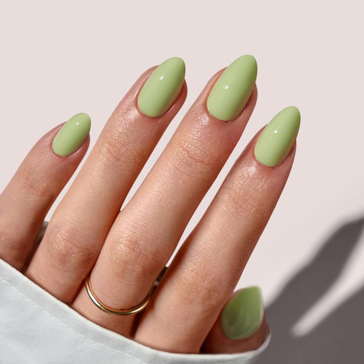 BTArtbox front packaging showing pastel green almond press on nails and included kit