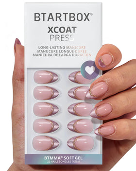 BTArtbox front packaging showing Pink Aurora press-on nails and accessories for quick salon results