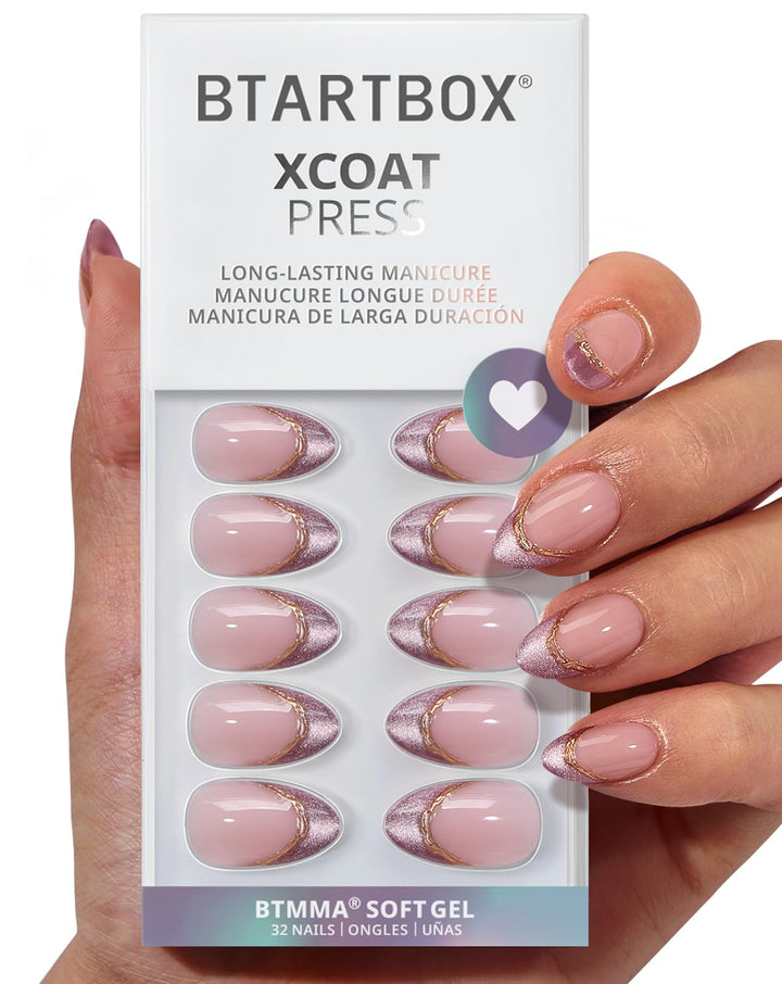 BTArtbox front packaging showing Pink Aurora press-on nails and accessories for quick salon results