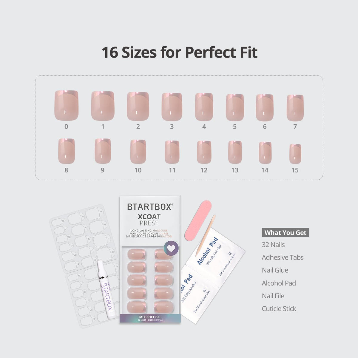 BTArtbox 16-size nail layout demonstrating precise fit for every finger