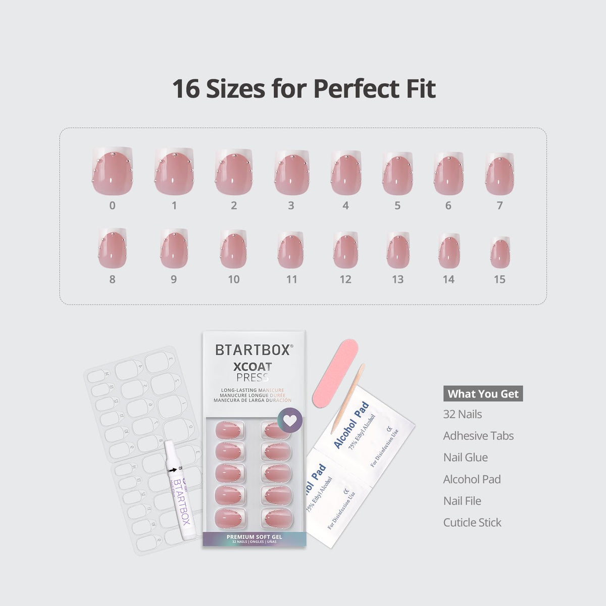 BTArtbox size chart laid out with 16 sizes showing fit options for nails