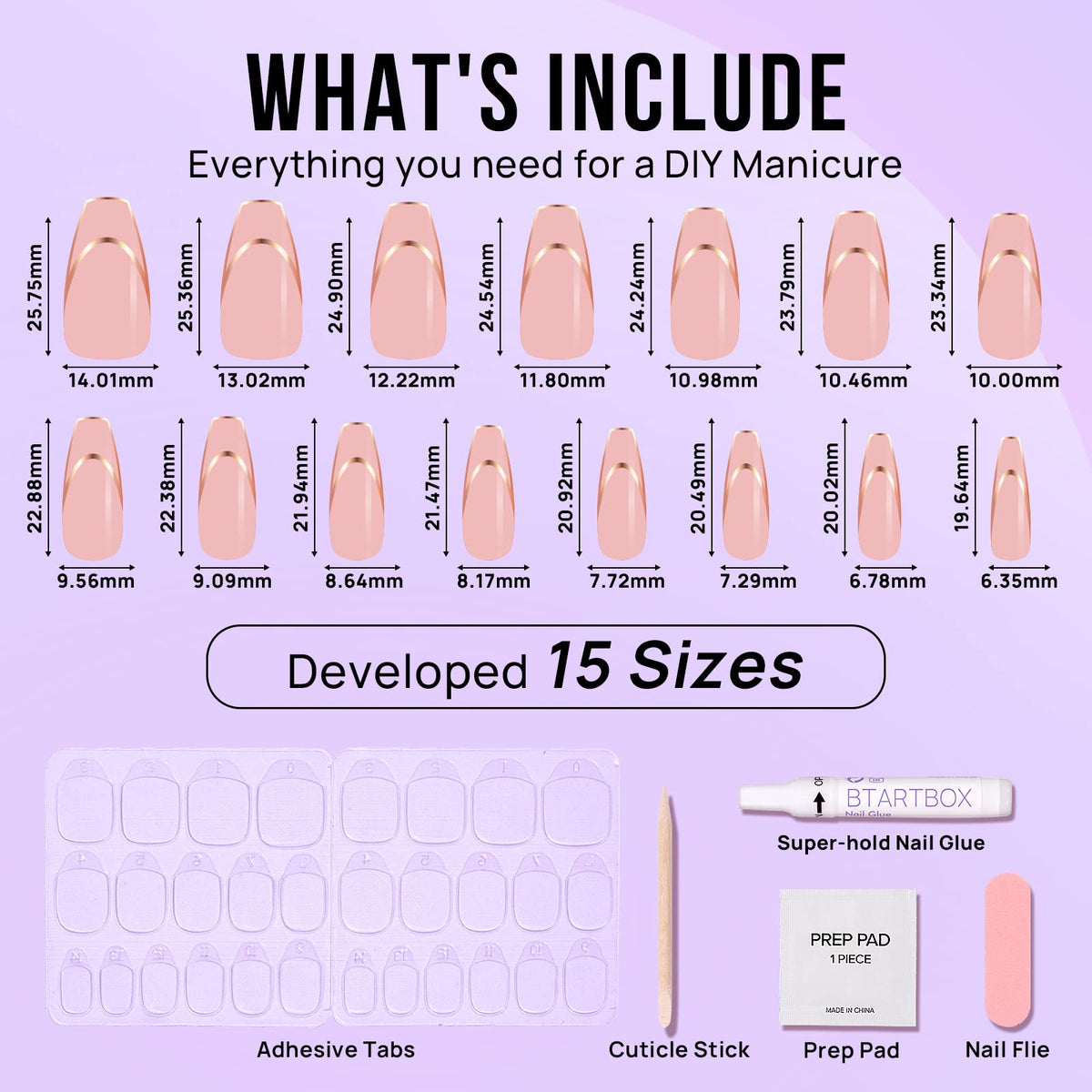 BTArtbox size chart with hand illustrating 16 sizes for customized fit