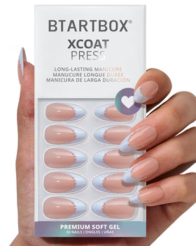 BTArtbox front set of Something Blue press on nails showing glossy French tips