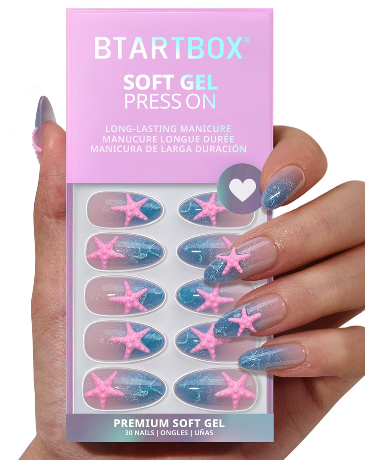 BTArtbox nails worn on hand to show natural scale and comfortable almond fit