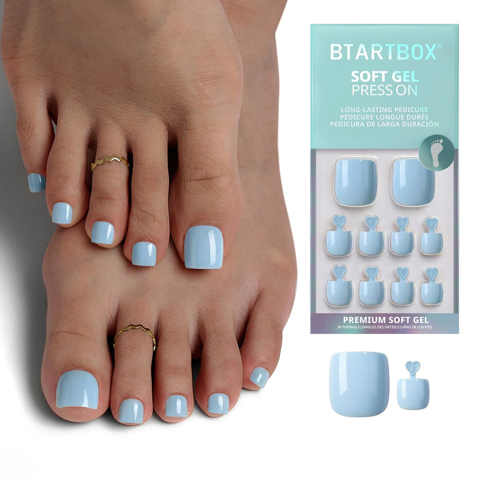 BTArtbox front packaging showing light blue square toenails and kit contents for quick application