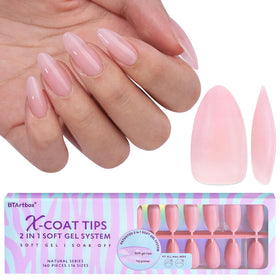 BTArtbox front packaging showing 160 matte pink almond press-on nails and benefits