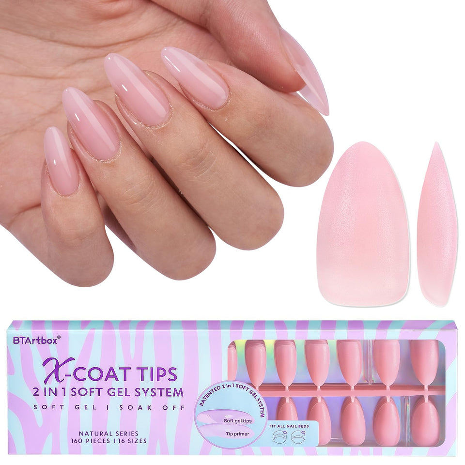BTArtbox front packaging showing 160 matte pink almond press-on nails and benefits