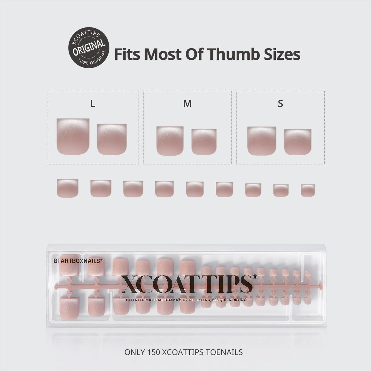 BTARTBOXNAILS array of big-toe sizes laid out, shows better fit and comfort benefit