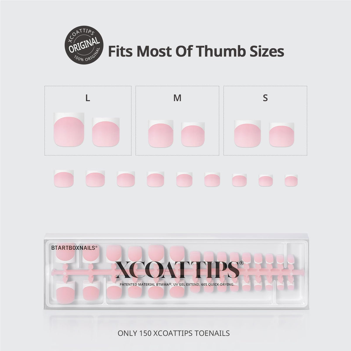 BTArtboxnails layout of six big-toe sizes demonstrating width and curvature options