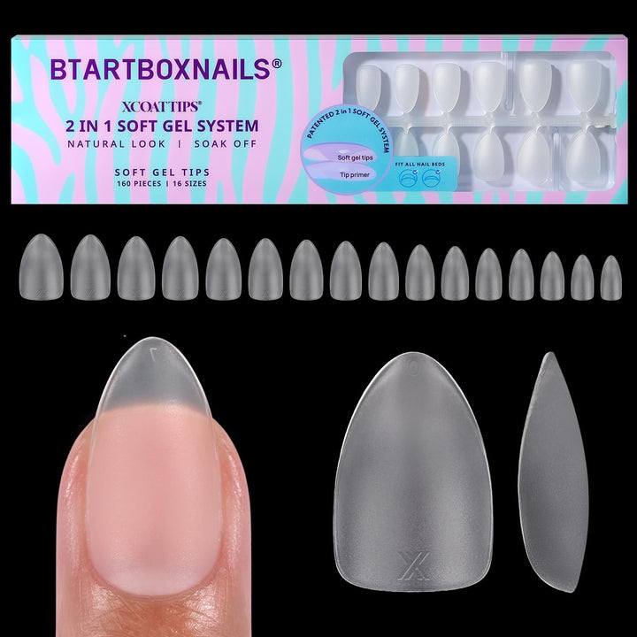 BTArtboxnails packaging showing 160 clear short almond tips, ready for fast application