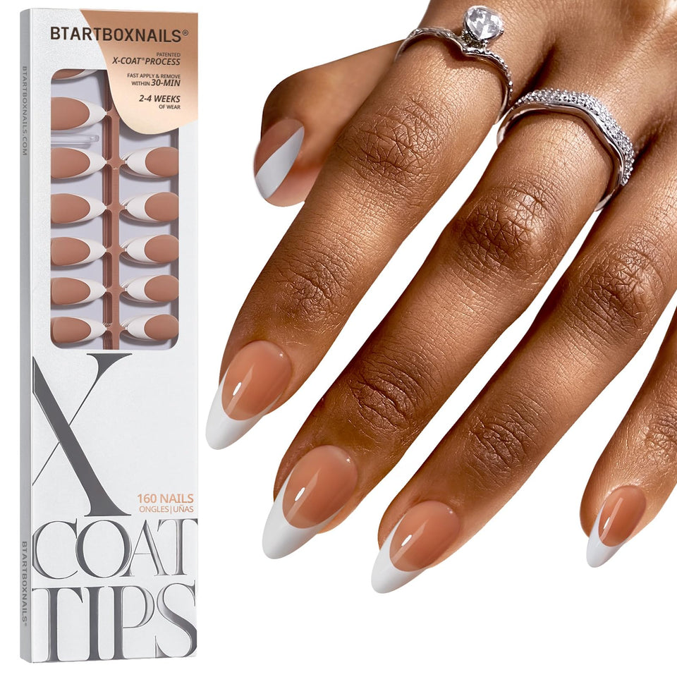 BTArtboxnails front packaging showing 150-piece brown French tip kit and benefits