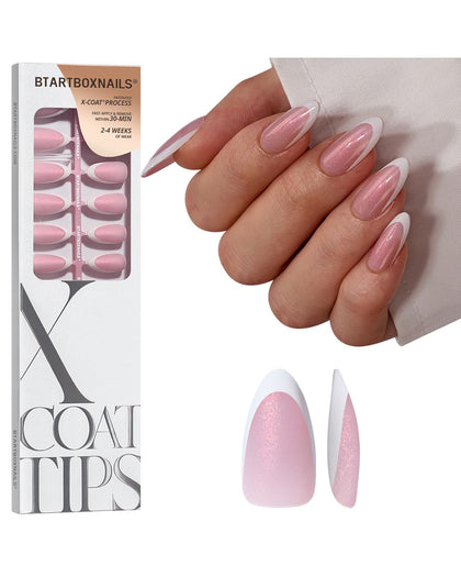 BTArtboxnails front packaging showing pink glitter almond tips and set benefits