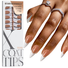 BTARTBOXNAILS front packaging showing long brown stiletto French tip set for fast styling