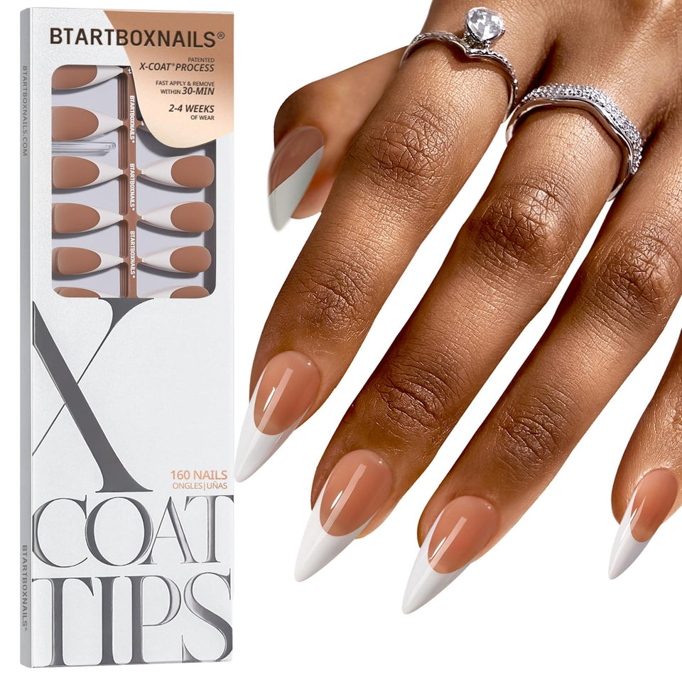 BTARTBOXNAILS front packaging showing long brown stiletto French tip set for fast styling